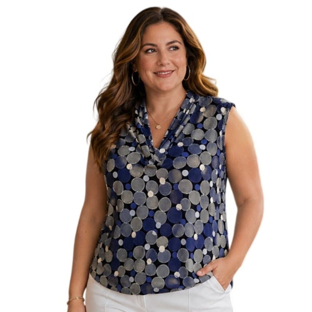 Anne Klein NEW Geometric Sleeveless Top Womens Size 3X Blue V-Neck Shell Tank